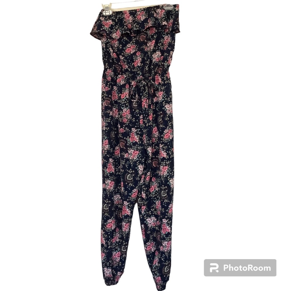 Romeo + Juliet Couture Womens Navy Floral  Strapless Jumpsuit Size Small